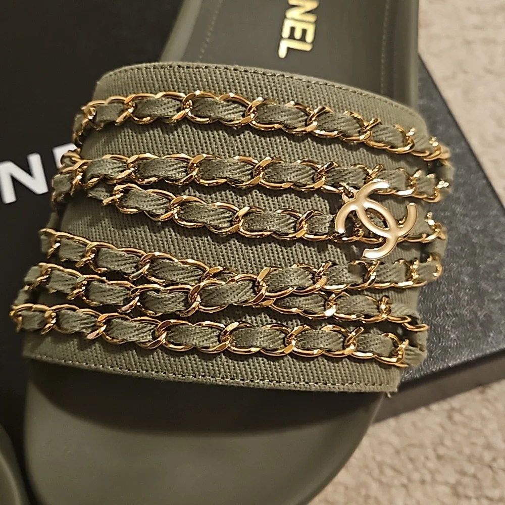 🛑CHANEL Lambskin Canvas Chain Sandals - Picture 5 of 8